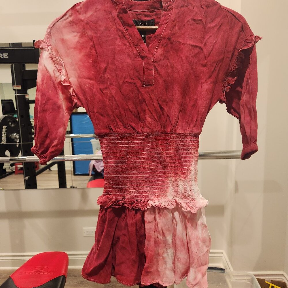 Aqua Red Mandarin Collar Smocked Dress